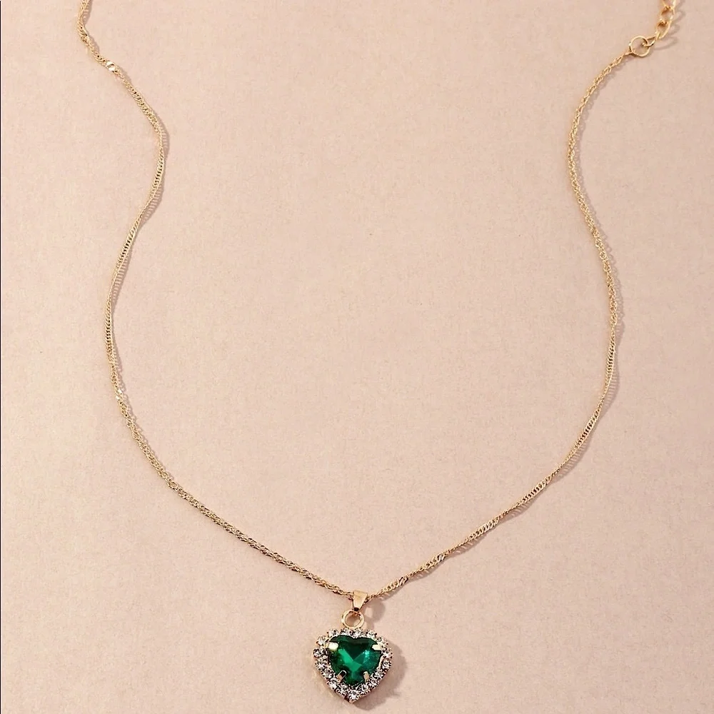 Rhinestone Green Heart Charm Necklace - Picture 3 of 4